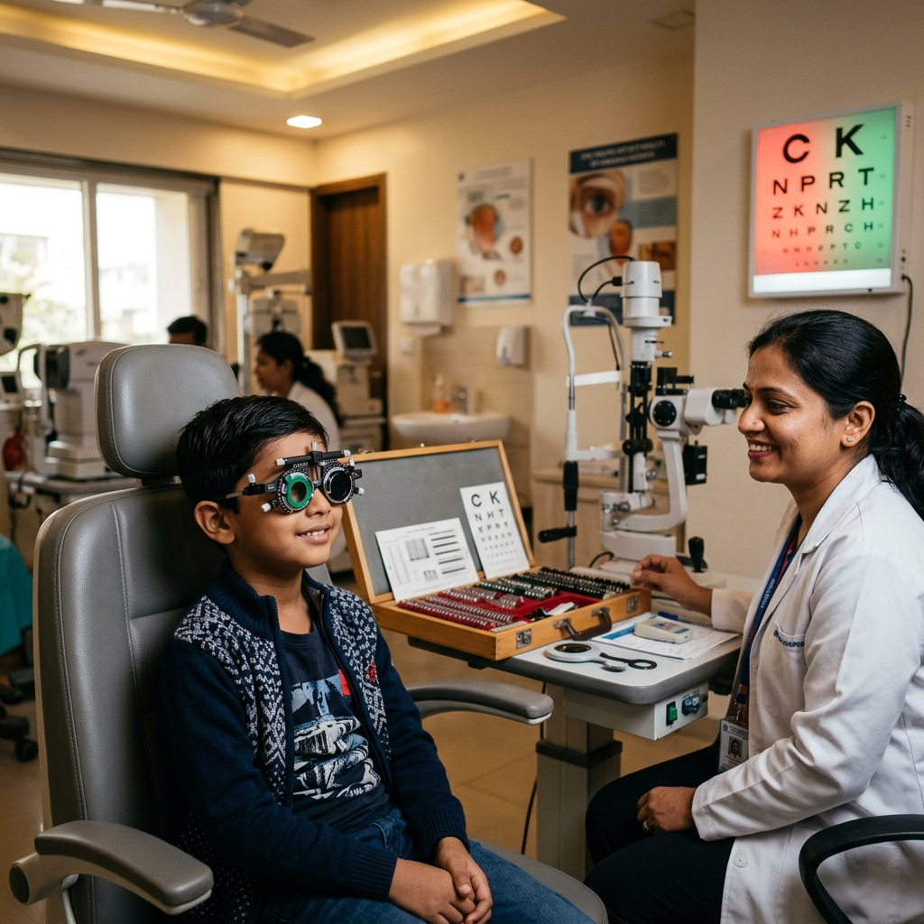 Child undergoing eye examination for myopia screening at an eye clinic