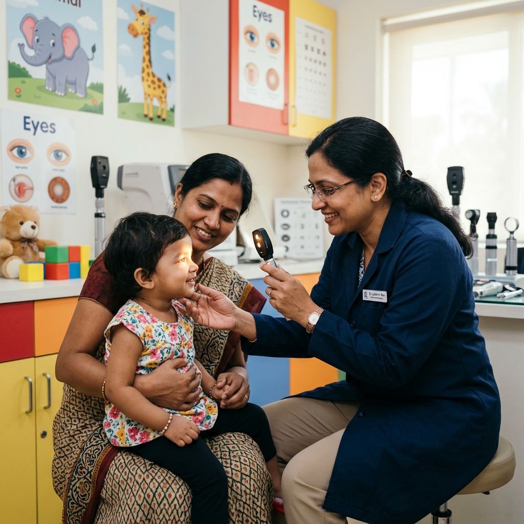 Pediatric ophthalmologist examining a child's eyes before pediatric cataract surgery in Navi Mumbai at Utsav Eye Clinic
