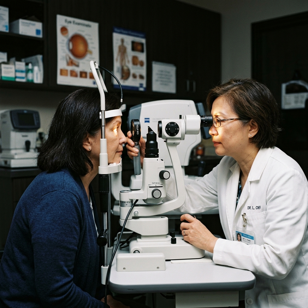 Patient undergoing retinal examination with slit lamp and lens at Utsav Eye Clinic