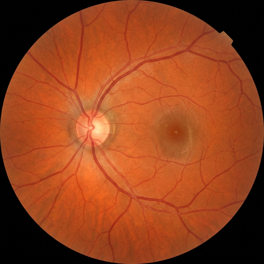 Fundus photograph showing retina, optic disc, and blood vessels